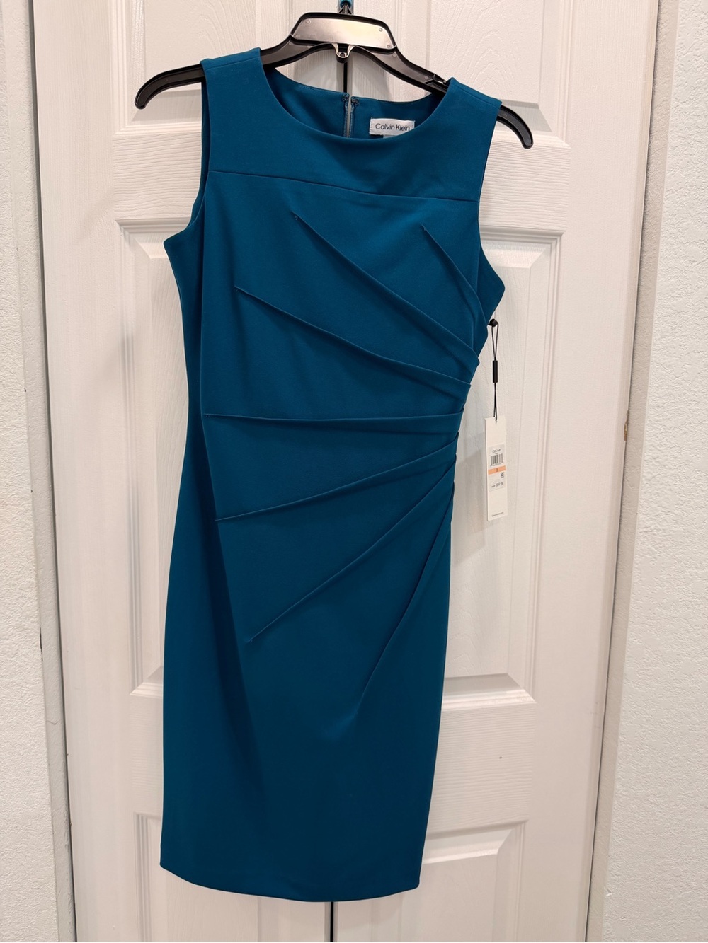 Calvin Klein Teal Blue Sheath Dress with Diagonal Pleats
